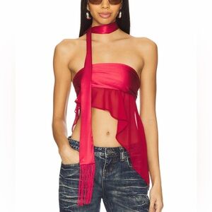 Jaded London Revolve Scarlet Red Regina Chiffon & Satin Asymmetrical Crop Top 4